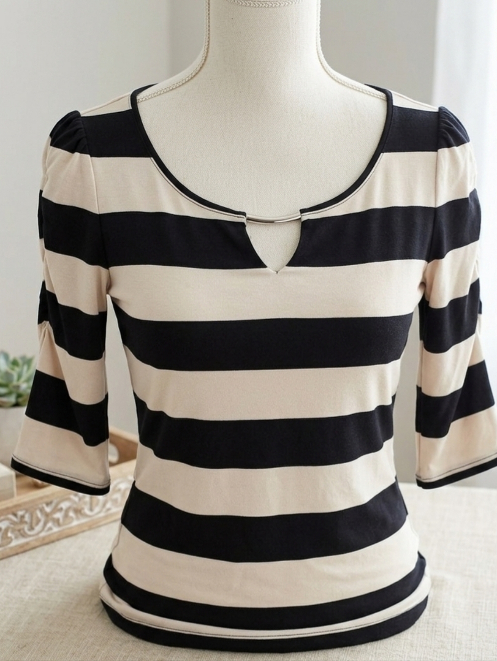 Elegant Striped Top with Keyhole Detail